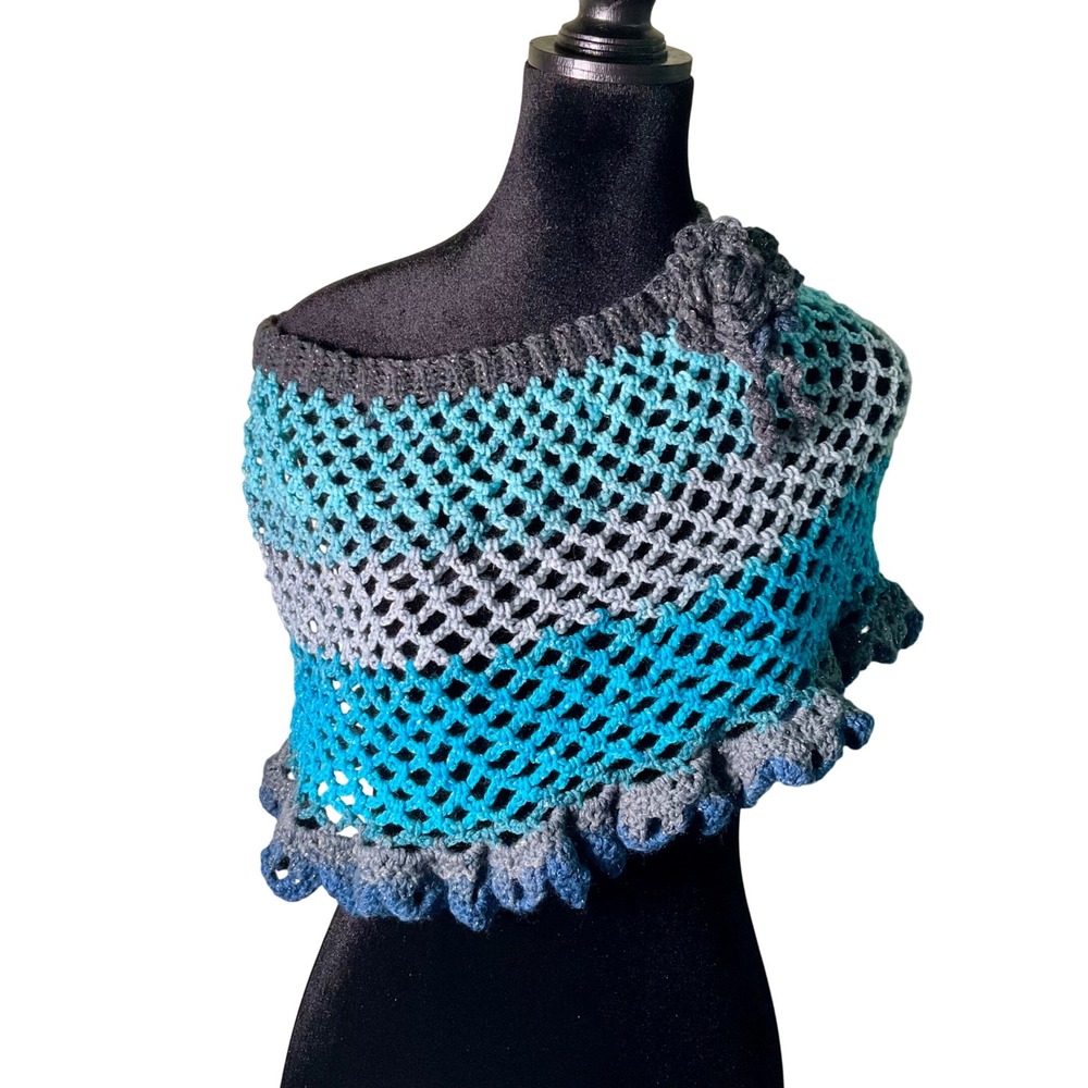 Handmade Crochet Shimmer Open Knit‎ Poncho Capelet Mini Skirt Wrap Y2K Fairycore